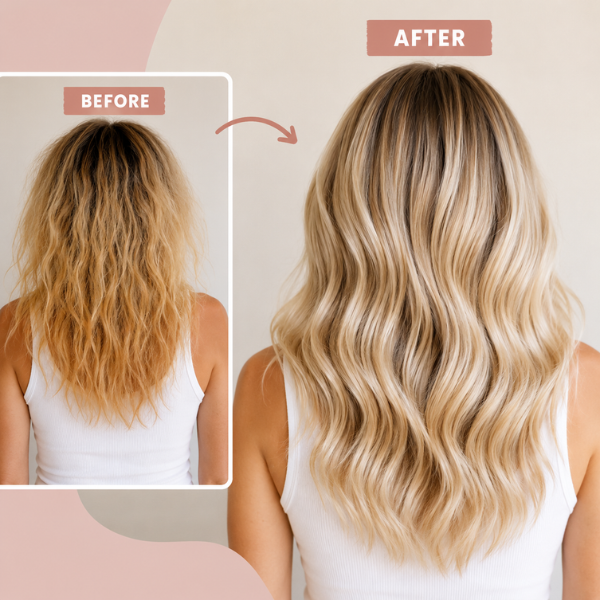 Before and after comparison of bleached damaged blonde hair showing dry, frizzy hair on the left and smoother, healthier-looking blonde hair on the right after a hair repair routine.