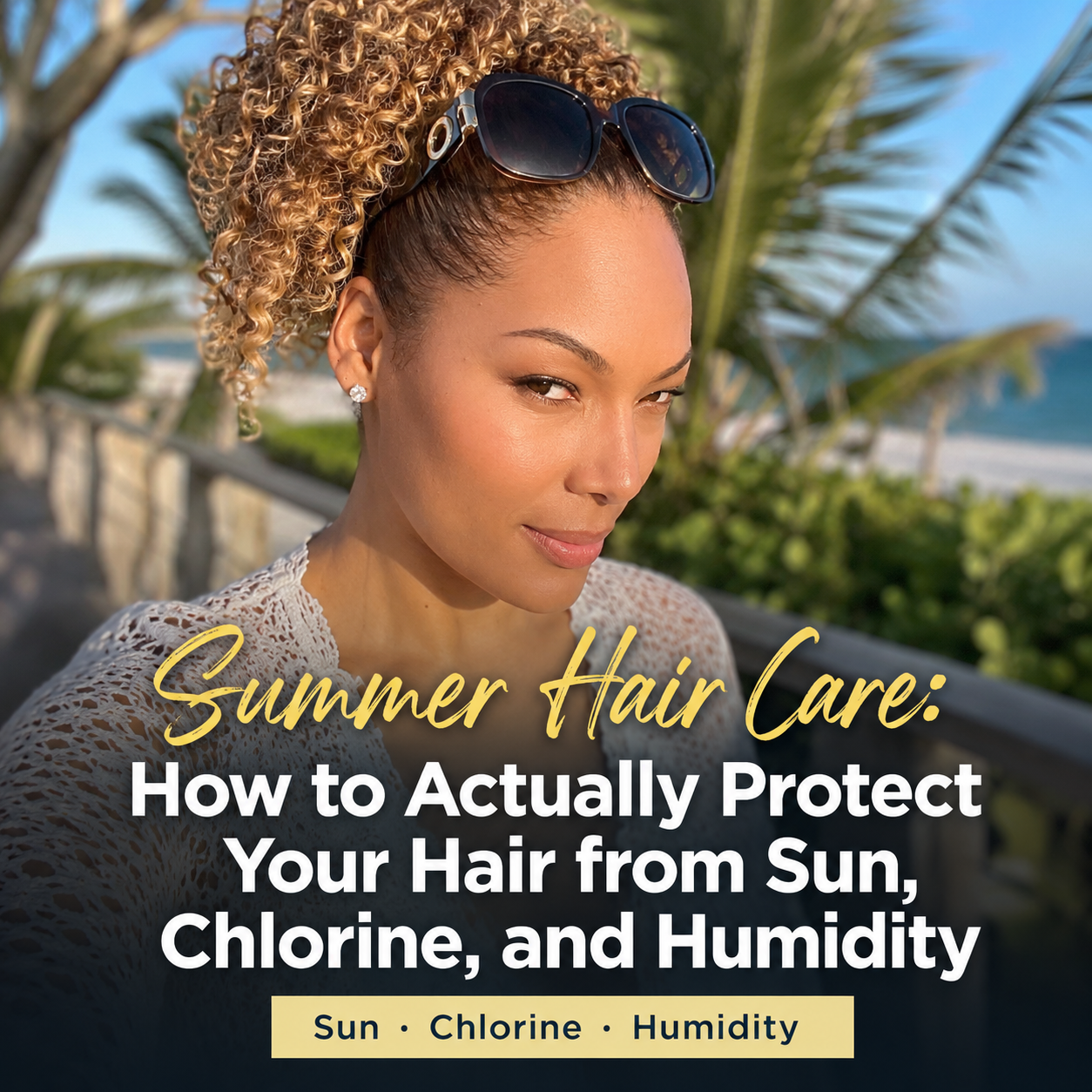 Featured image titled "Summer Hair Care: How to Actually Protect Your Hair from Sun, Chlorine, and Humidity," showing me outdoors by the beach with my hair in a high curly updo and sunglasses resting on top, palm trees and ocean behind me.