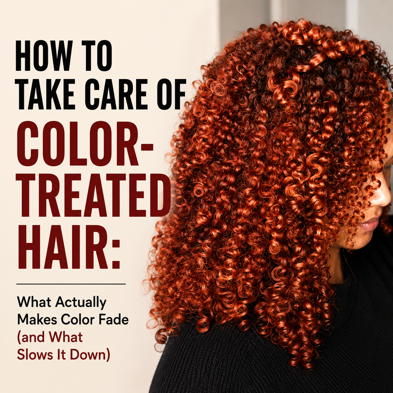 Featured blog image showing vibrant copper-red curly hair beside the title, "How to Take Care of Color-Treated Hair: What Actually Makes Color Fade (and What Slows It Down)."