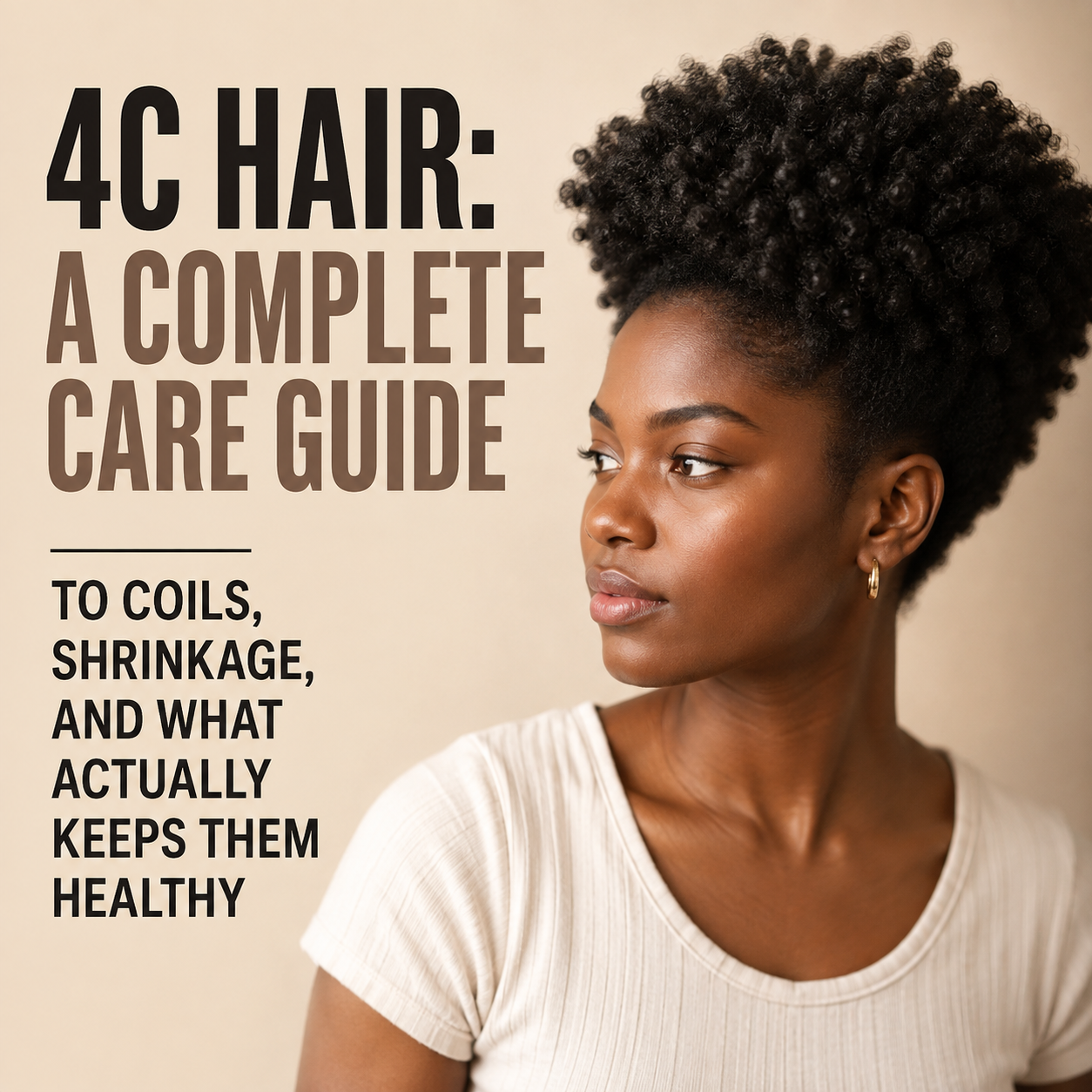 Editorial blog cover featuring a woman with natural 4C hair beside the title "4C Hair: A Complete Care Guide to Coils, Shrinkage, and What Actually Keeps Them Healthy" on a soft beige background.