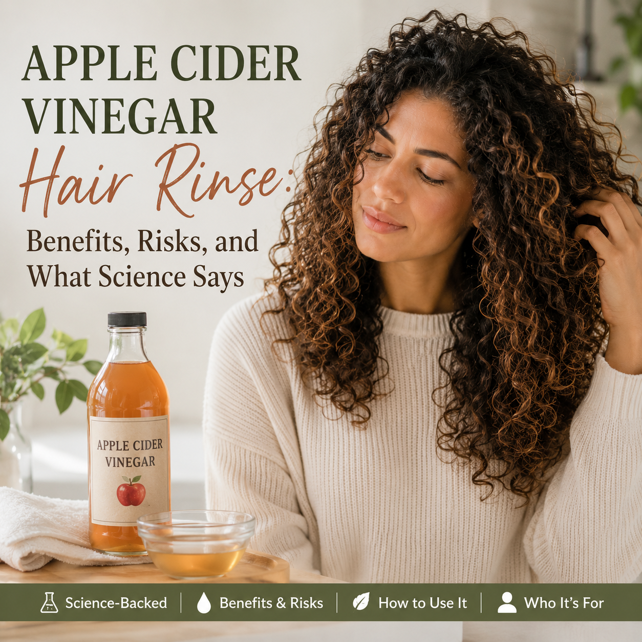 Photo of woman with curly hair looking at a bottle of apple cider vinegar and text overlay, "Apple Cider Vinegar Hair Rinse: The Benefits, Myths, and Science Behind It."