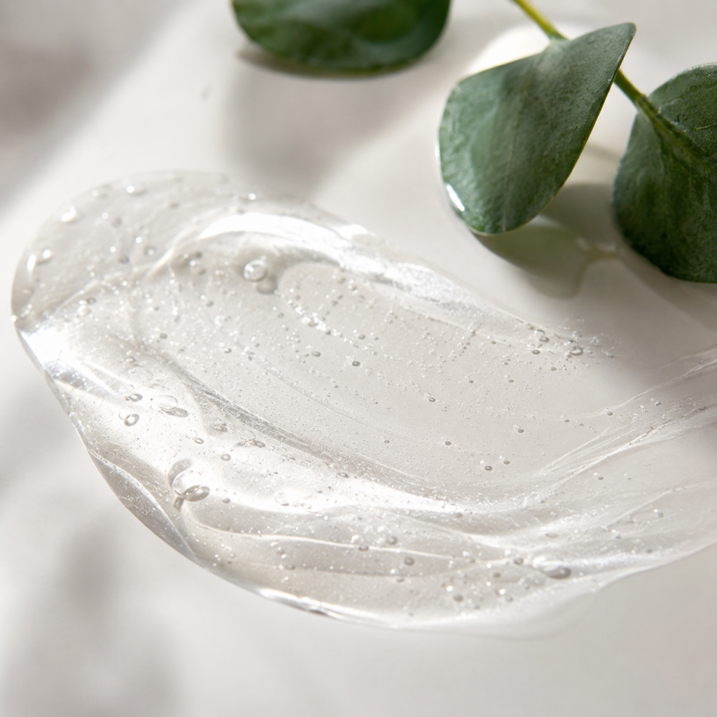 Close-up of a clear gel-like cosmetic ingredient spread across a smooth surface, illustrating a film-forming humectant. Tiny air bubbles are suspended within the transparent layer, while soft green leaves in the background create a clean, science-inspired beauty aesthetic.