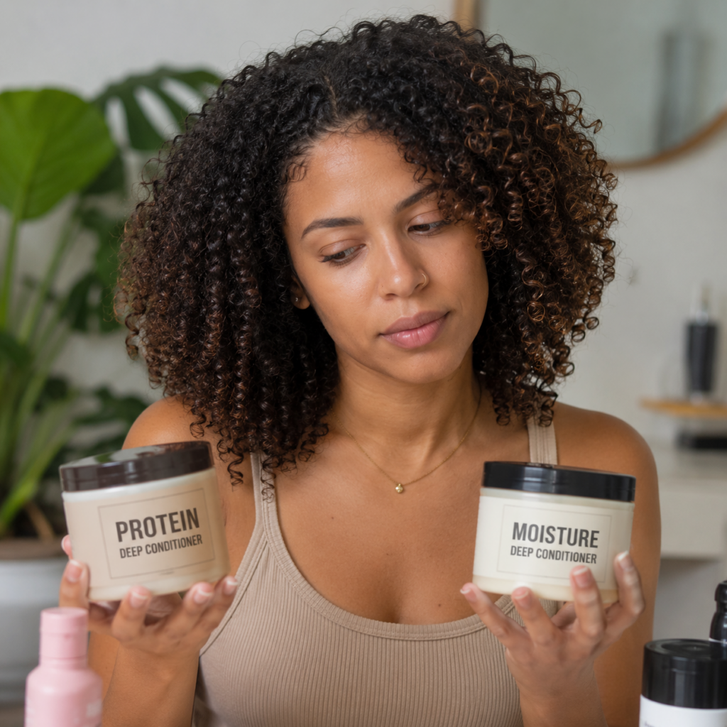 Woman with naturally curly hair comparing a protein deep conditioner and a moisture deep conditioner while deciding what her curls need most.