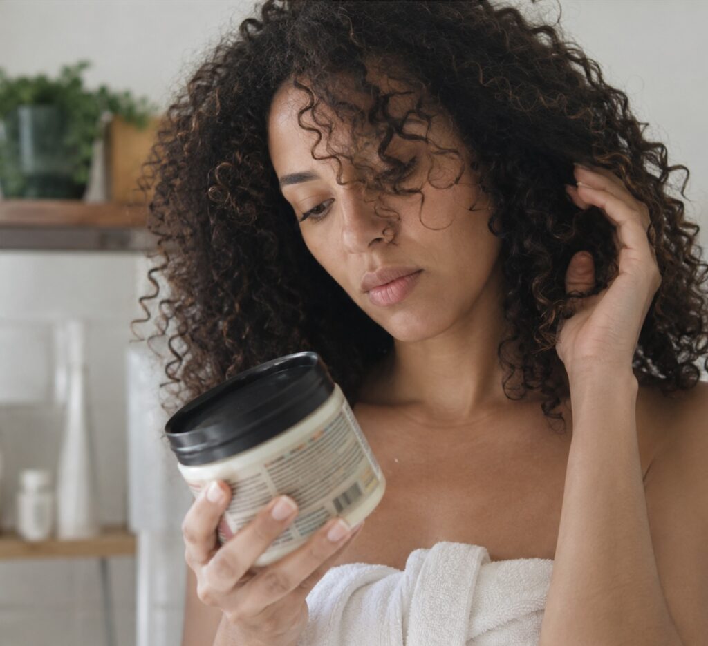 Woman with naturally curly hair reading the label on a deep conditioner jar in a bathroom while evaluating what her curls need for moisture or repair.