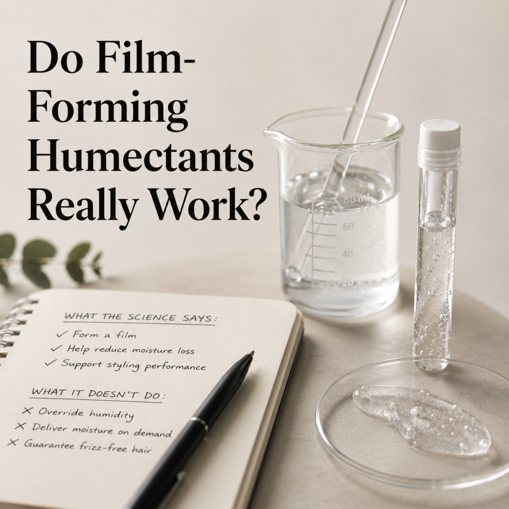 Lab-style scene with cosmetic ingredients, clear gel, and research notes discussing the science behind film-forming humectants and their effects on hair.