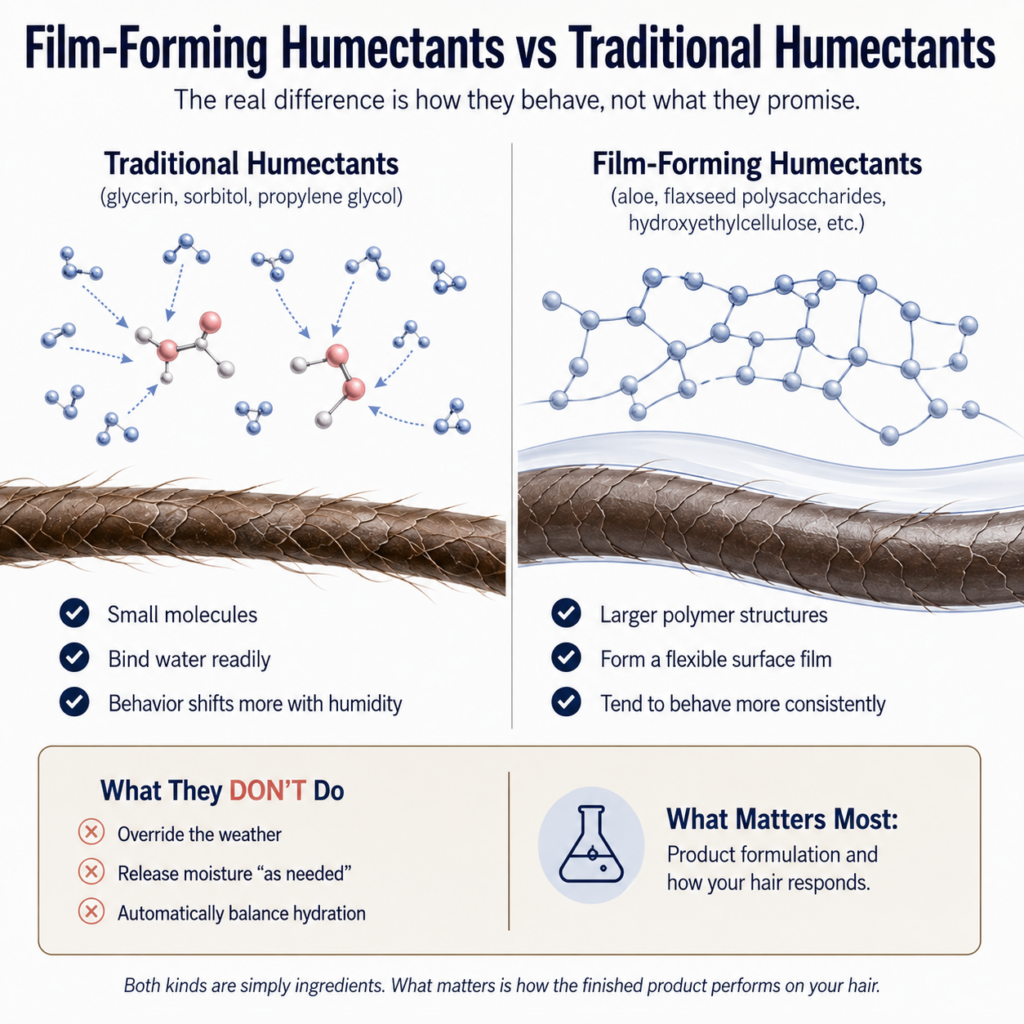 Educational infographic comparing film-forming humectants and traditional humectants in curly hair products. The graphic shows small water-binding molecules such as glycerin, sorbitol, and propylene glycol on one side and larger film-forming polymers on the other. It explains that traditional humectants bind water readily and are more influenced by humidity, while film-forming humectants create a flexible surface film and tend to behave more consistently. A myth-busting section clarifies that neither type can override weather conditions or automatically balance hair hydration, emphasizing that overall product formulation and individual hair response matter most.