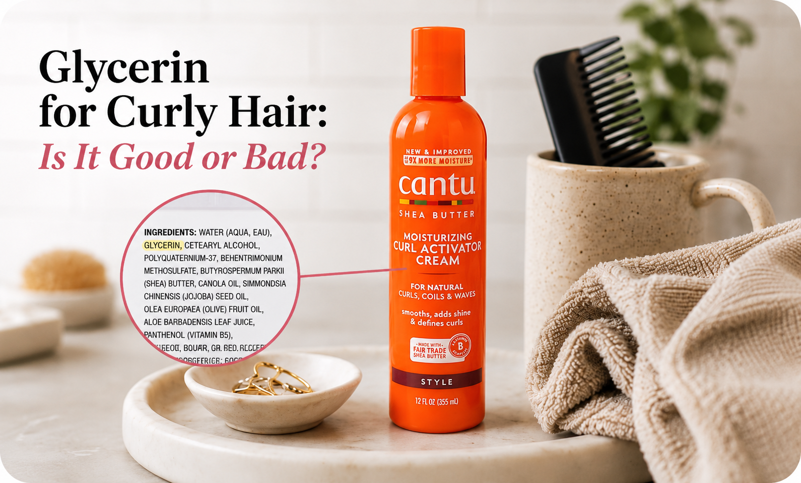The image represents the question of whether glycerin is good or bad for curly hair and explores the role of humectants, product formulation, humidity, and curl behavior in a science-based curly hair routine.
