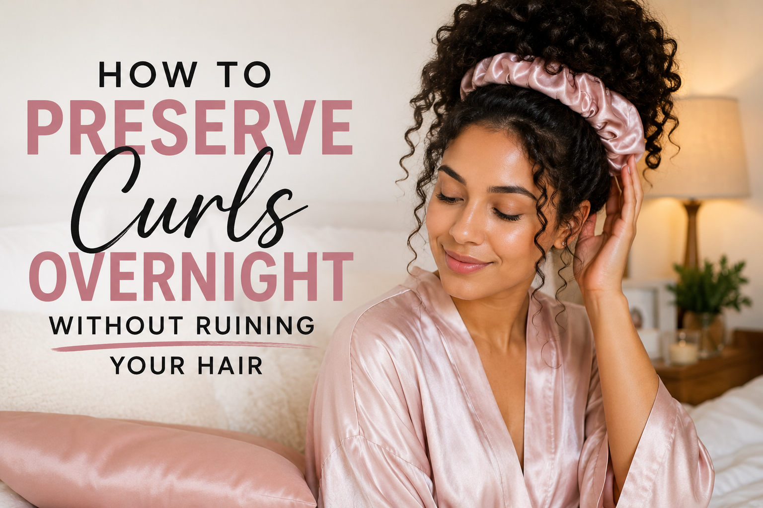 Woman with curly hair with a satin scrunchie in it, with text ovelay, "how to preserve curls overnight without ruining it"