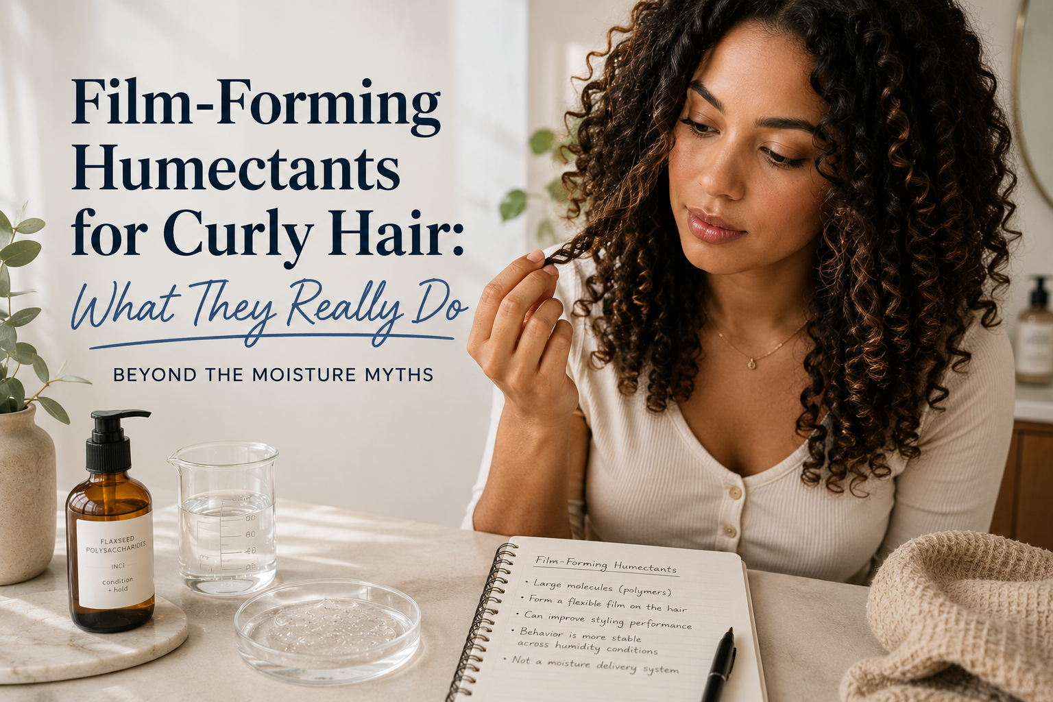 Woman with naturally curly hair examining a curl strand while seated at a vanity table with cosmetic chemistry-inspired props, including a beaker, clear gel sample, ingredient bottle, and research notes. The image represents a science-based exploration of film-forming humectants for curly hair and how they influence styling performance, curl definition, and hair behavior beyond common moisture myths.