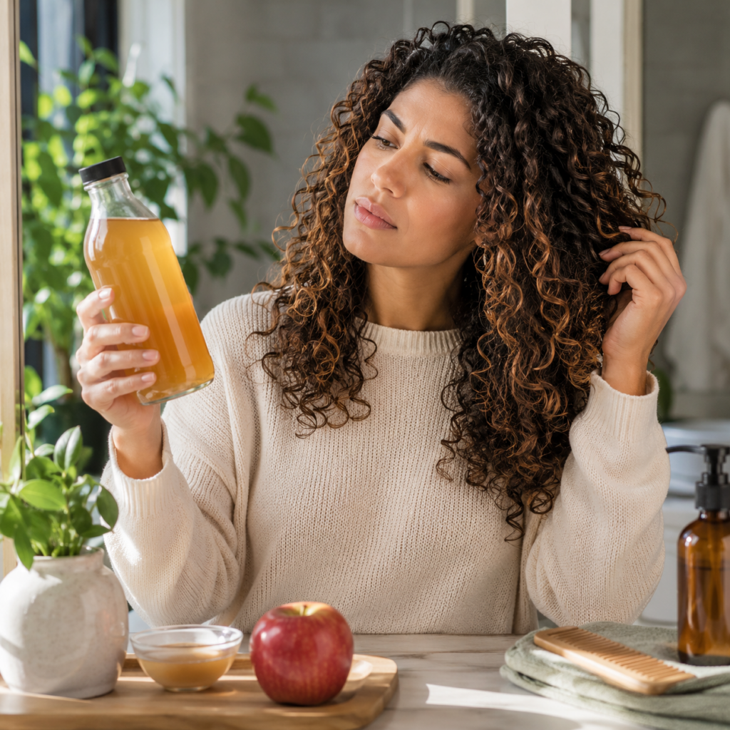 Woman with curly hair holding apple cider vinegar bottle.