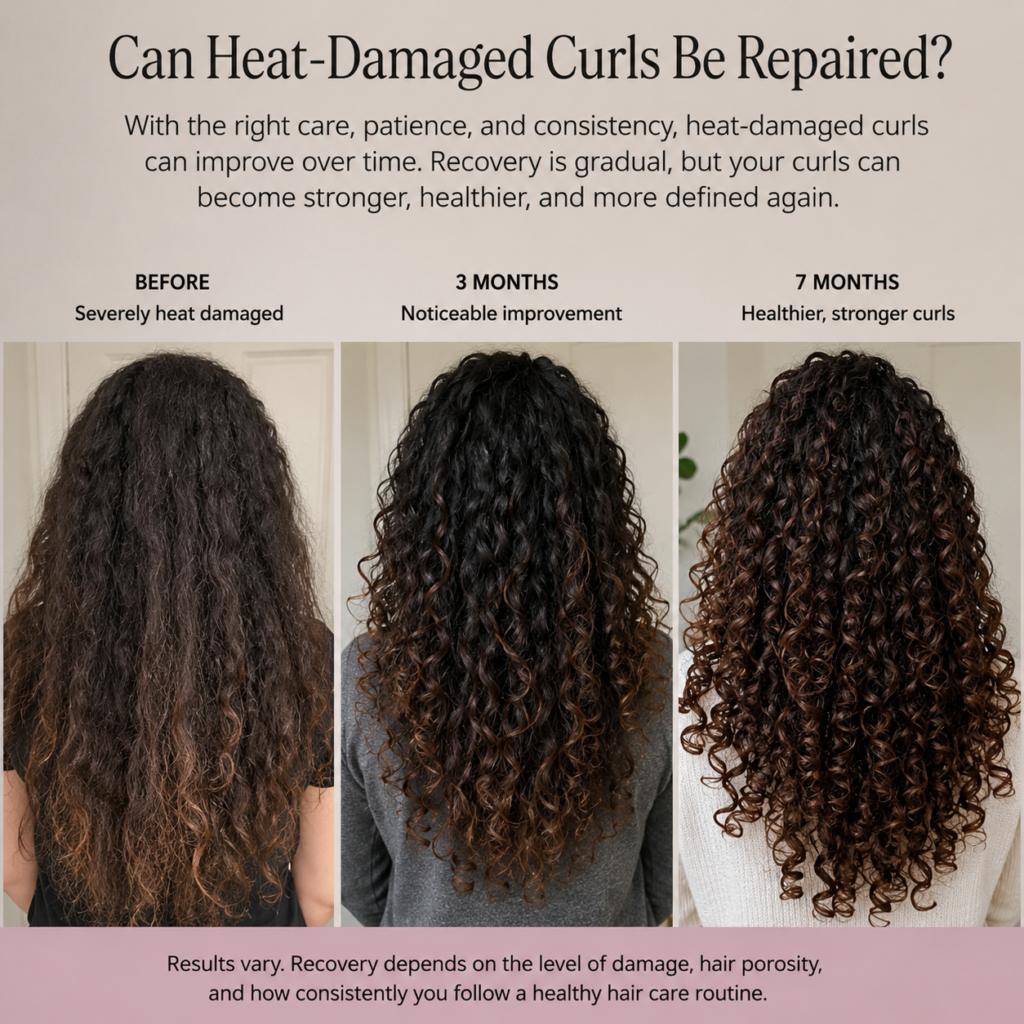 Comparison showing gradual recovery of heat-damaged curly hair over time, from dry and stretched curls to healthier, more defined curls after several months of consistent care.