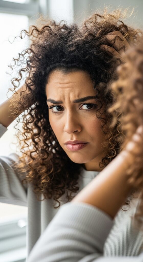 image of woman with frizzy curly hair who looks frustrated.