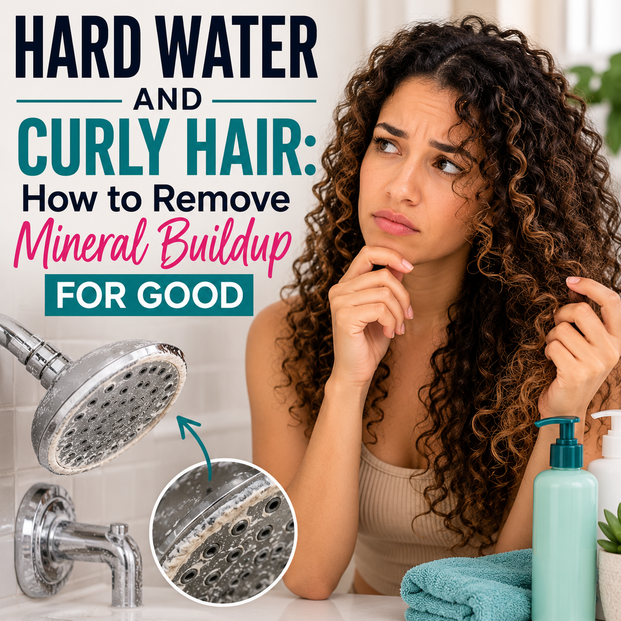 Woman with curly hair looking at dull curls beside a mineral-covered showerhead. Learn how hard water causes mineral buildup and how to remove it for healthier, more defined curls.