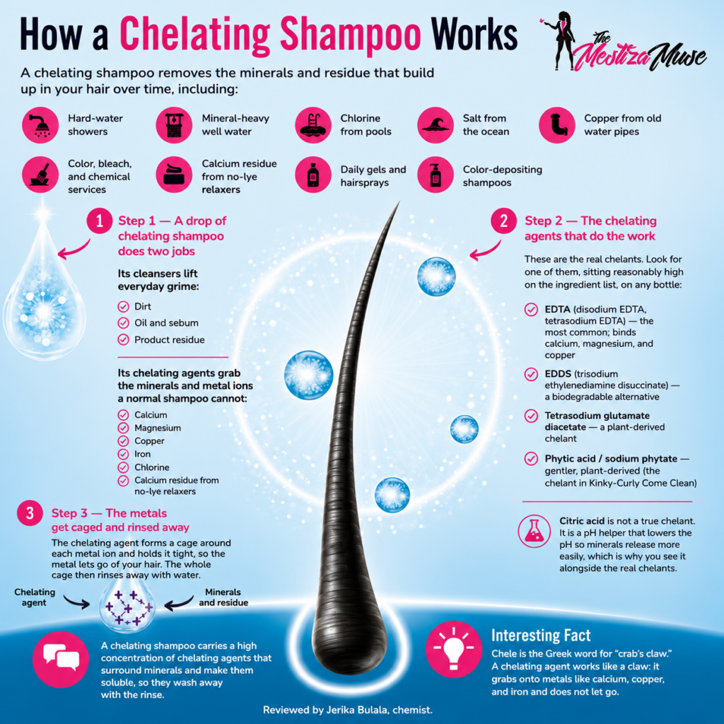 Infographic titled How a Chelating Shampoo Works, showing how chelating agents like EDTA and phytic acid cage hard-water minerals such as calcium, magnesium, and copper so they rinse out of curly hair.