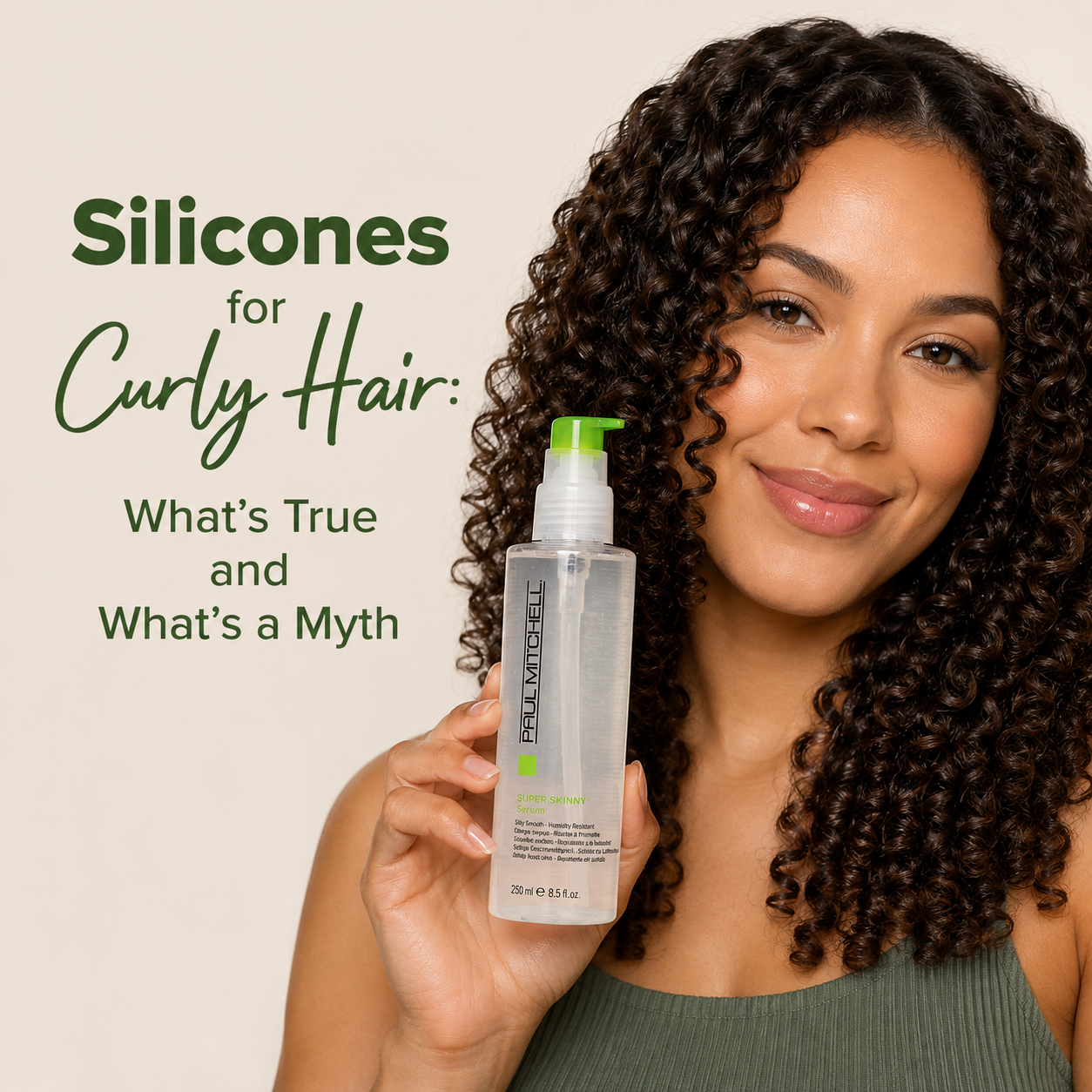 Woman with shiny, defined curls holding a hair serum, with text reading Silicones for Curly Hair: What's True and What's a Myth.
