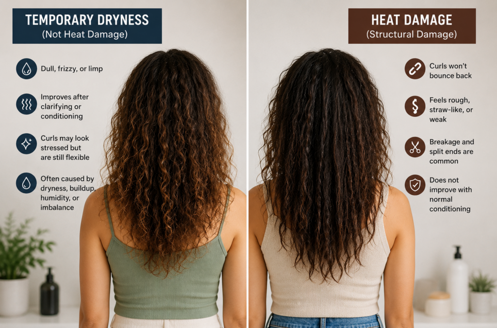 Woman with partially recovering curls showing uneven curl definition and texture, representing the gradual recovery process of heat-damaged curly hair over time.
