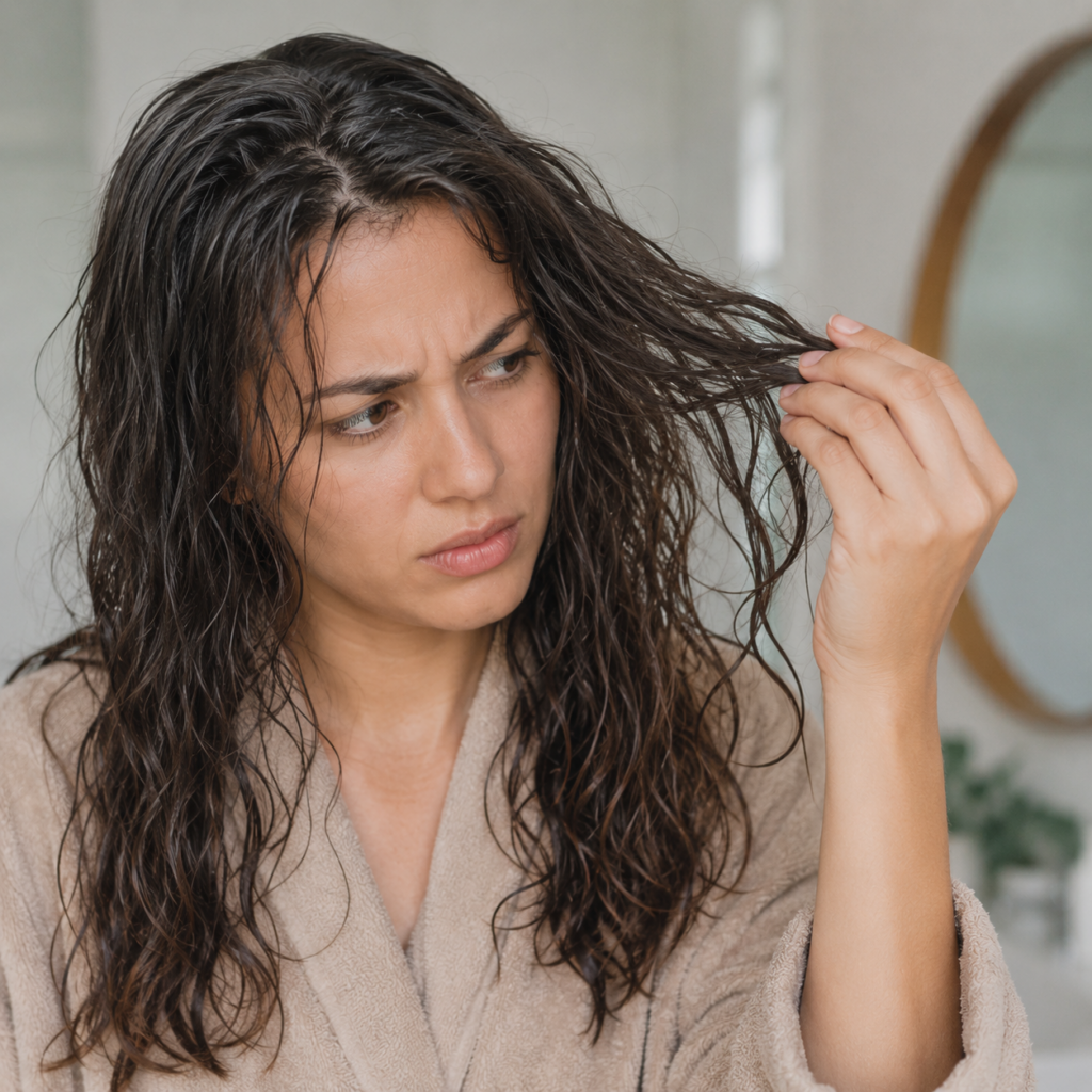 Woman looking at her wet fragile hair strands.