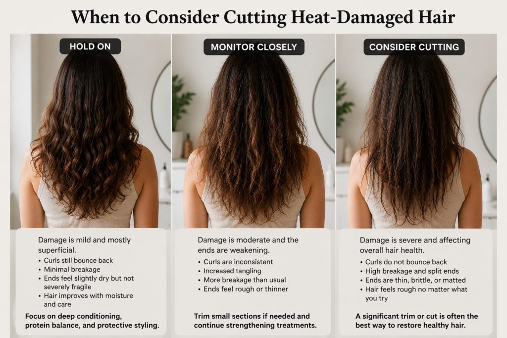 Comparison showing different stages of heat-damaged curly hair, illustrating when trimming or cutting damaged ends may help improve overall curl health and manageability.