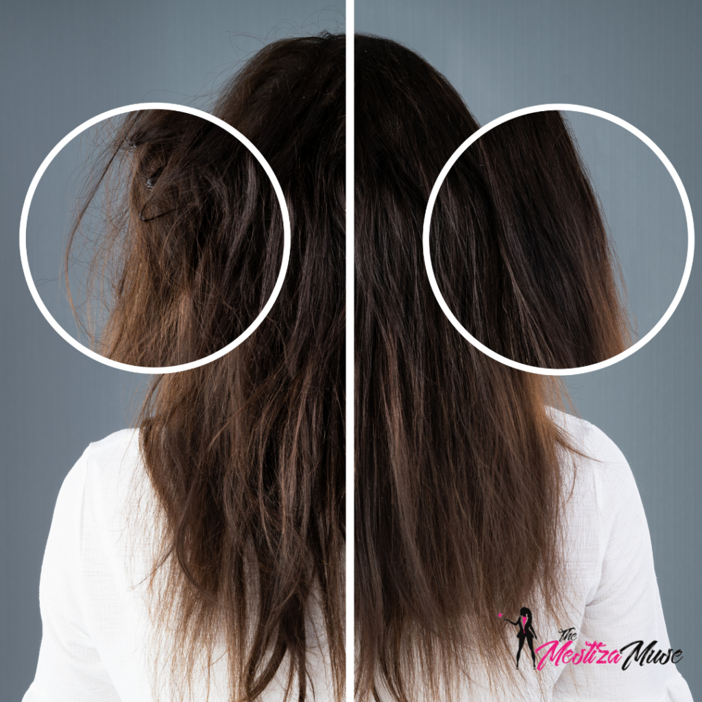 Image of a before and after photo of matted hair and hair that is no longer matted.