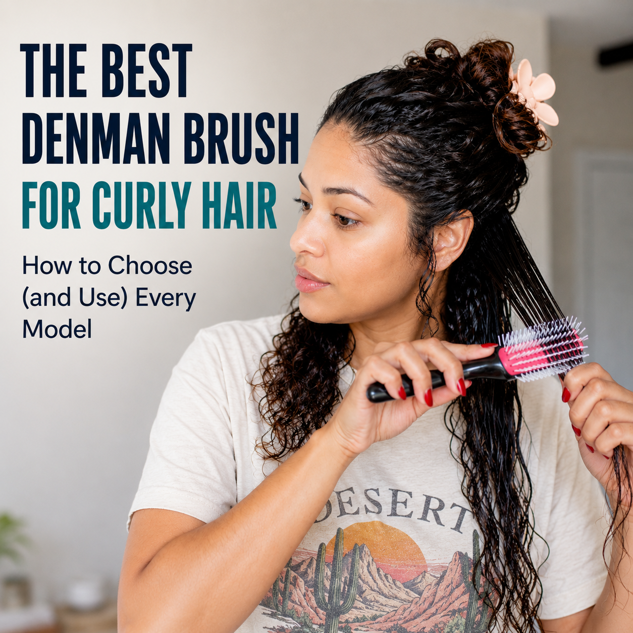 Curly-haired woman using a Denman brush on wet, sectioned hair while styling curls. Featured image for The Best Denman Brush for Curly Hair: How to Choose and Use Every Model, showing proper curl-definition technique with a Denman brush on wash day.