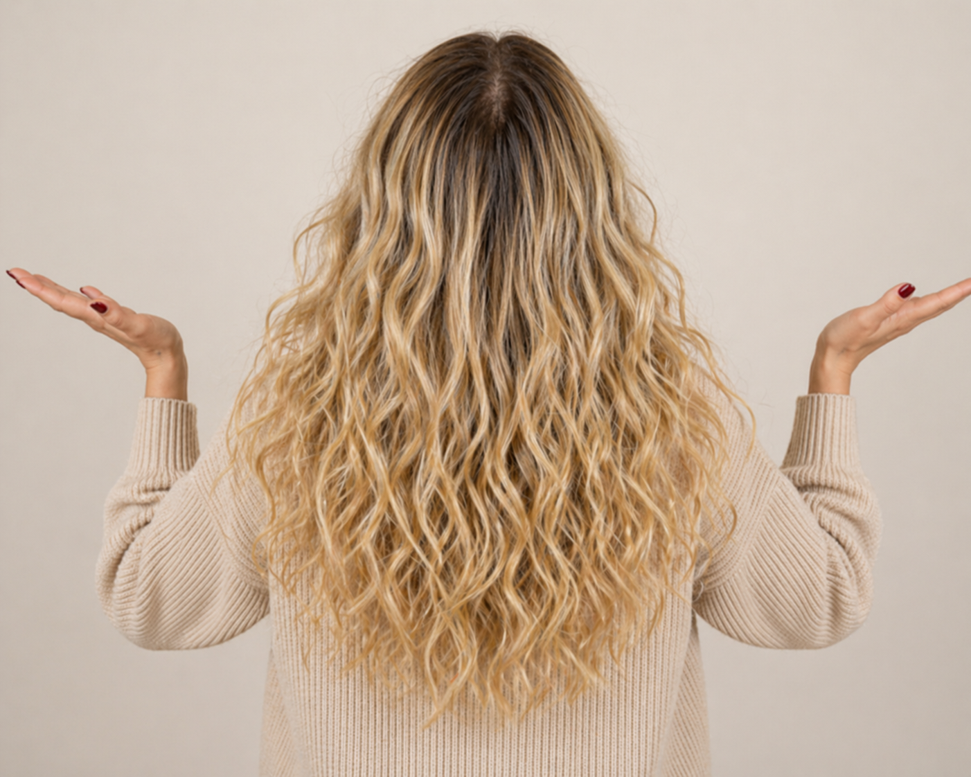Back view of curly hair showing flat roots at the crown, with defined curls through the lengths, illustrating the common flat roots curly hair issue.