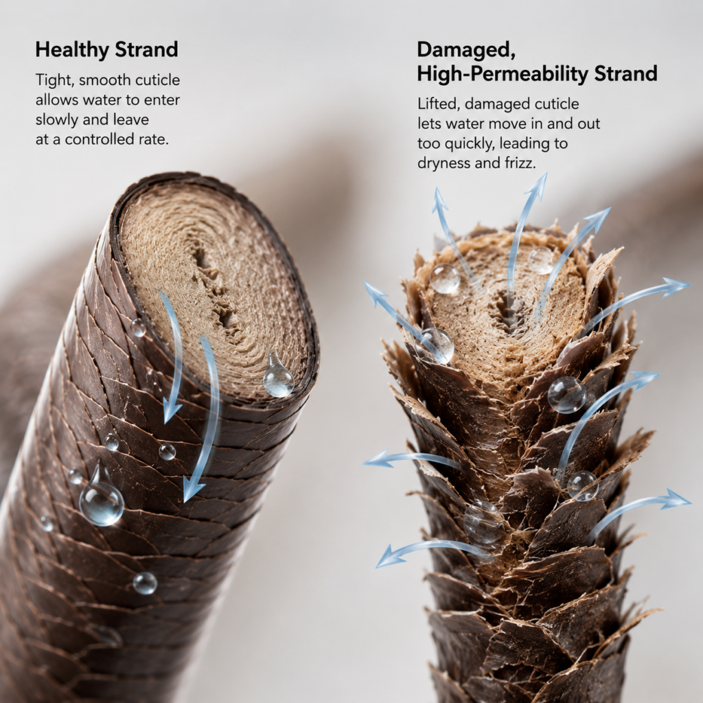 Diagram comparing how water moves through a healthy strand versus a damaged, high-permeability strand prone to hygral fatigue.