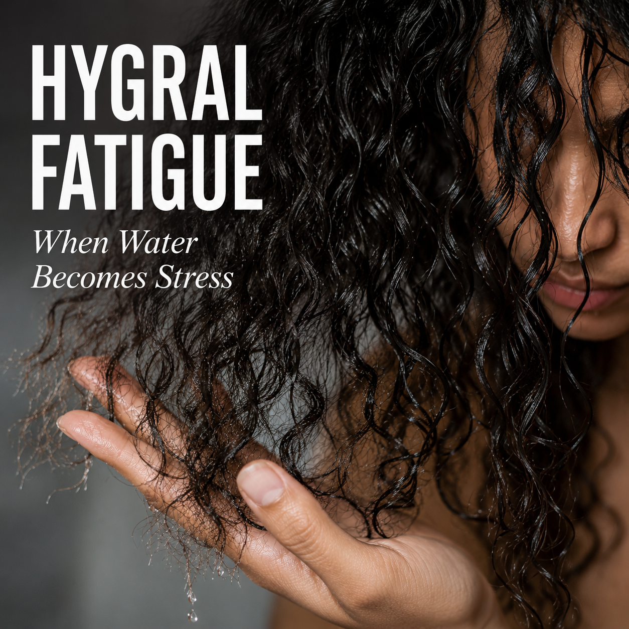 Close-up of a curly-haired woman examining wet, overstretched curls with water droplets visible on the strands, illustrating hygral fatigue and repeated water-related stress on damaged hair fibers.