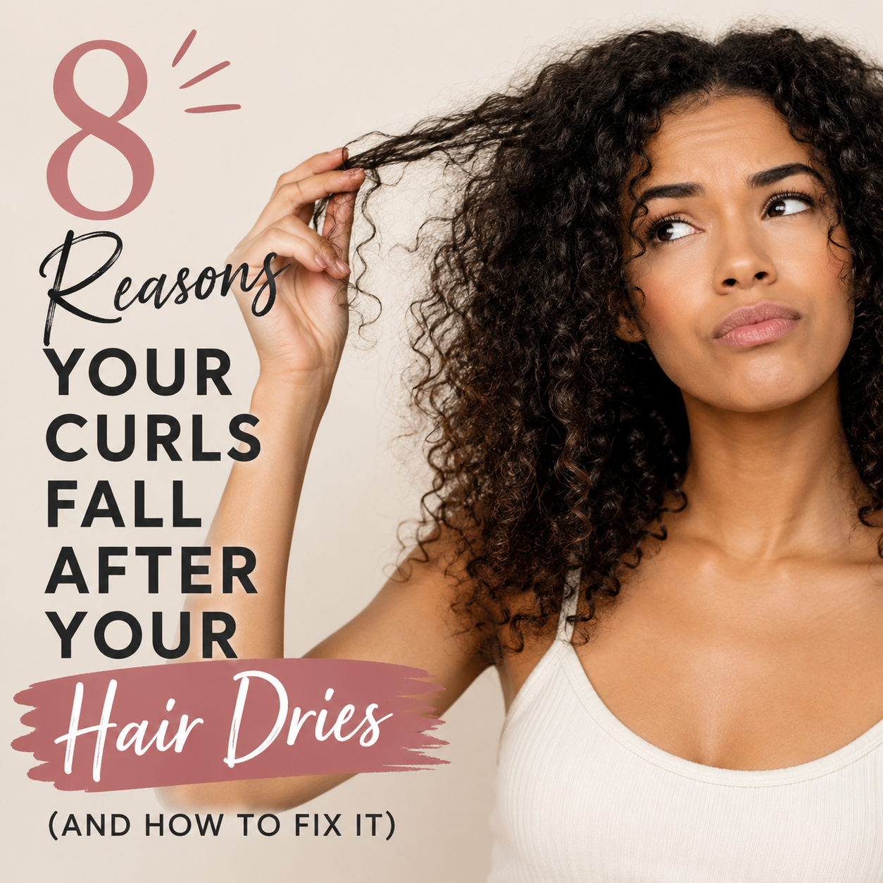 Woman with curly hair pulling strands of her hair that have fallen flat with text overlay that reads, " 8 Reasons YOur Curls Fall Flat After Your Hair Dries."
