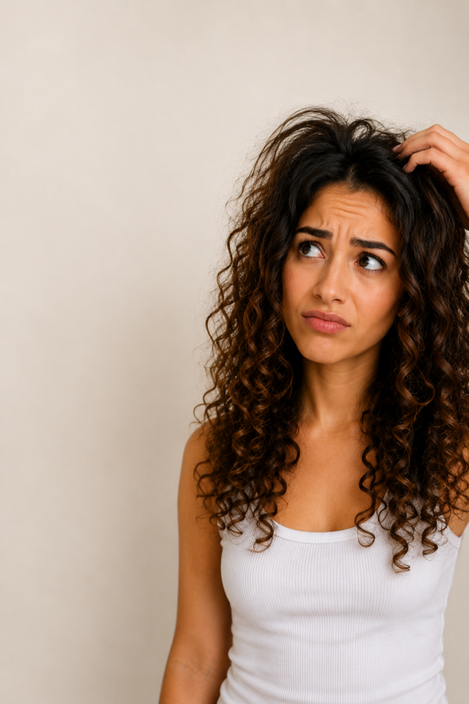 Woman with curly hair looking frustrated while holding a section of flattened curls against a neutral background, representing curls losing definition after drying.