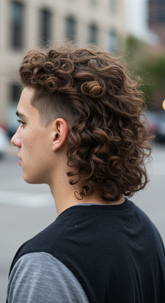 Man with modern curly mullet haircut.