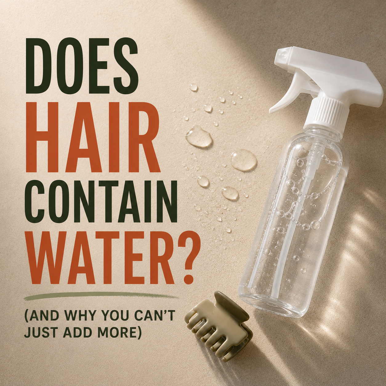 Flat lay of a clear spray bottle of water and a sage claw clip on a warm beige surface with scattered water droplets, titled Does Hair Contain Water? (And Why You Can't Just Add More).