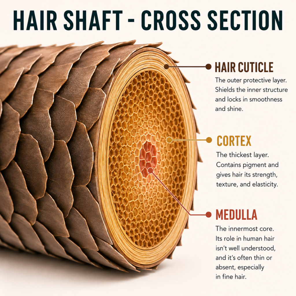 Cross-section illustration of a hair strand showing the overlapping cuticle scales on the outside, the honeycomb cortex, and the central medulla.