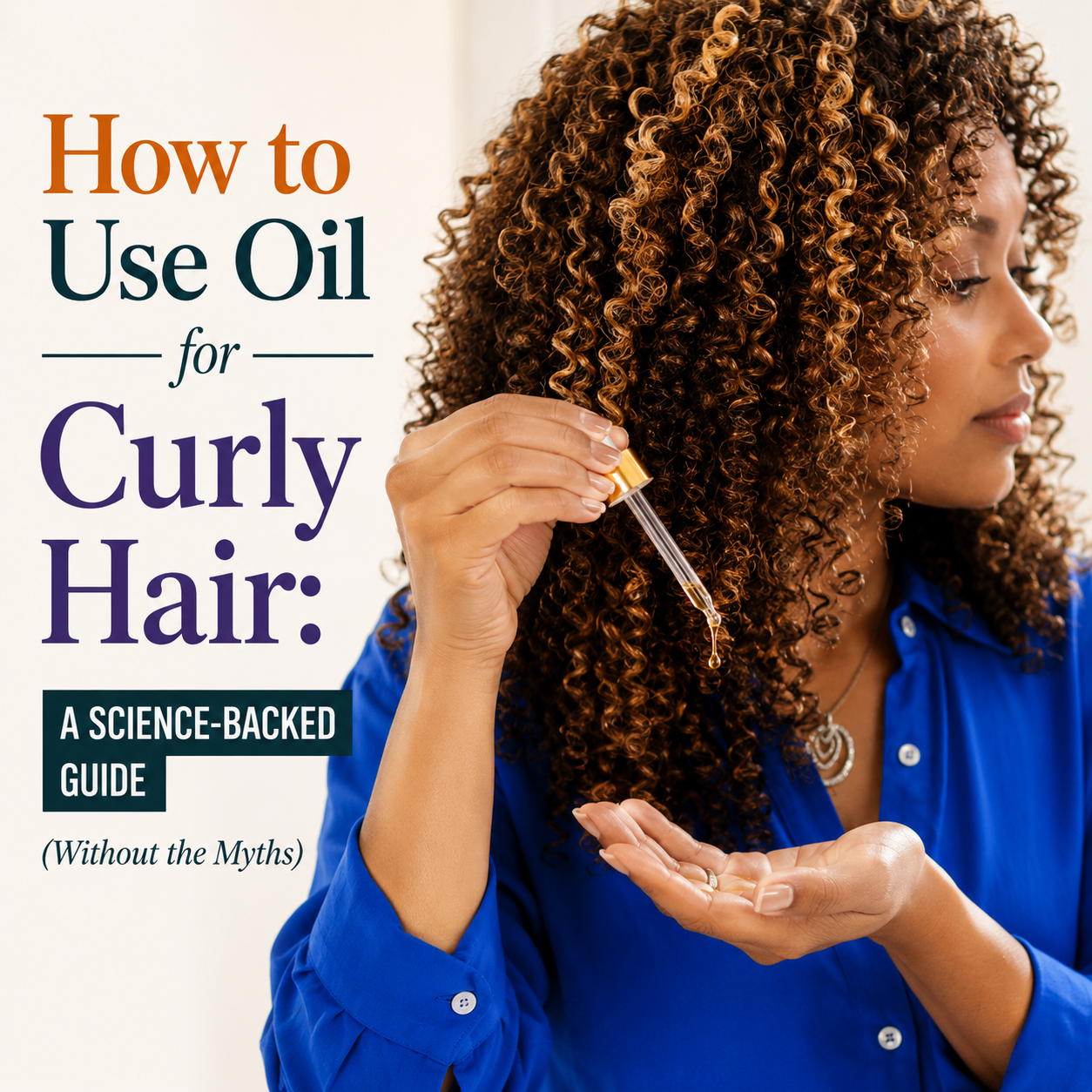 Curly-haired woman applying golden oil to her curls.