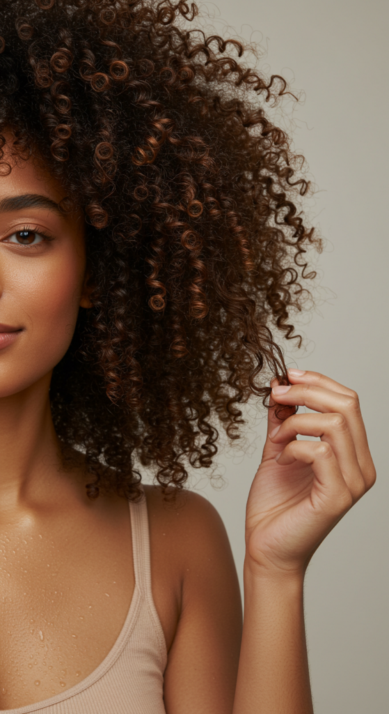 Curly haired woman tugging at her hair strands.