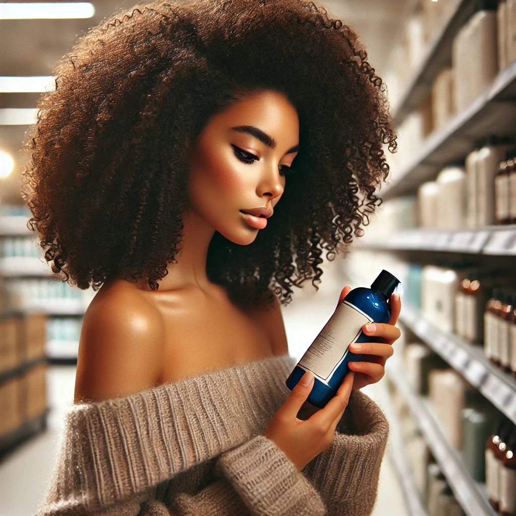 Ai image of woma with curly hair reading ingredient label of hair product.