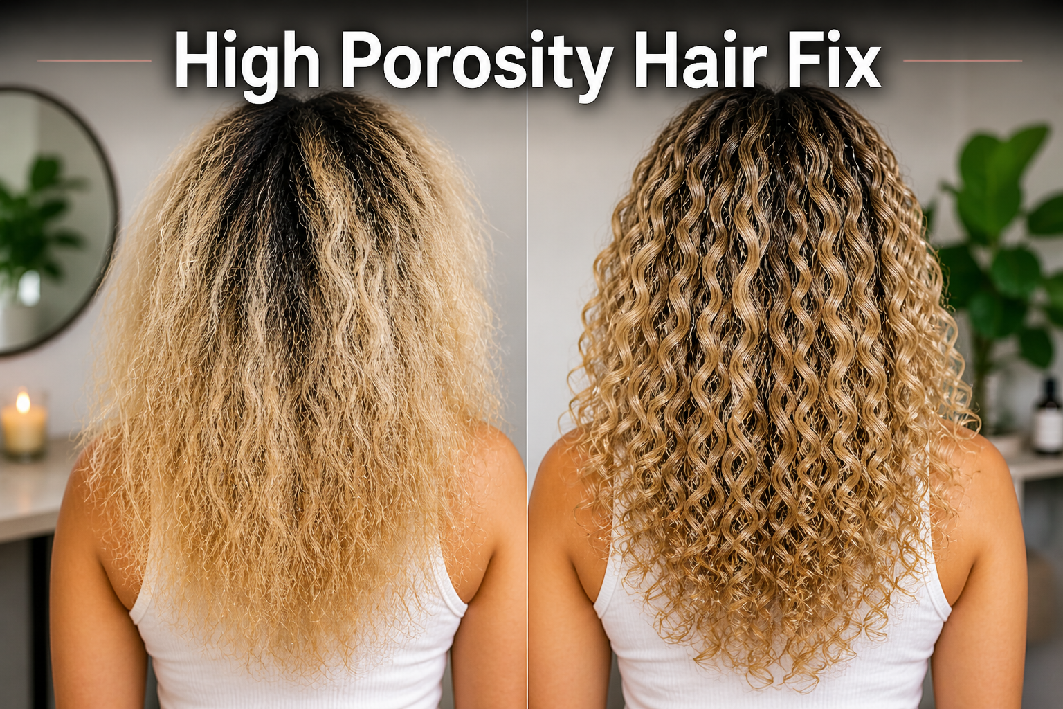 High porosity bleached hair before and after showing frizzy dry curls transformed into defined, hydrated curls