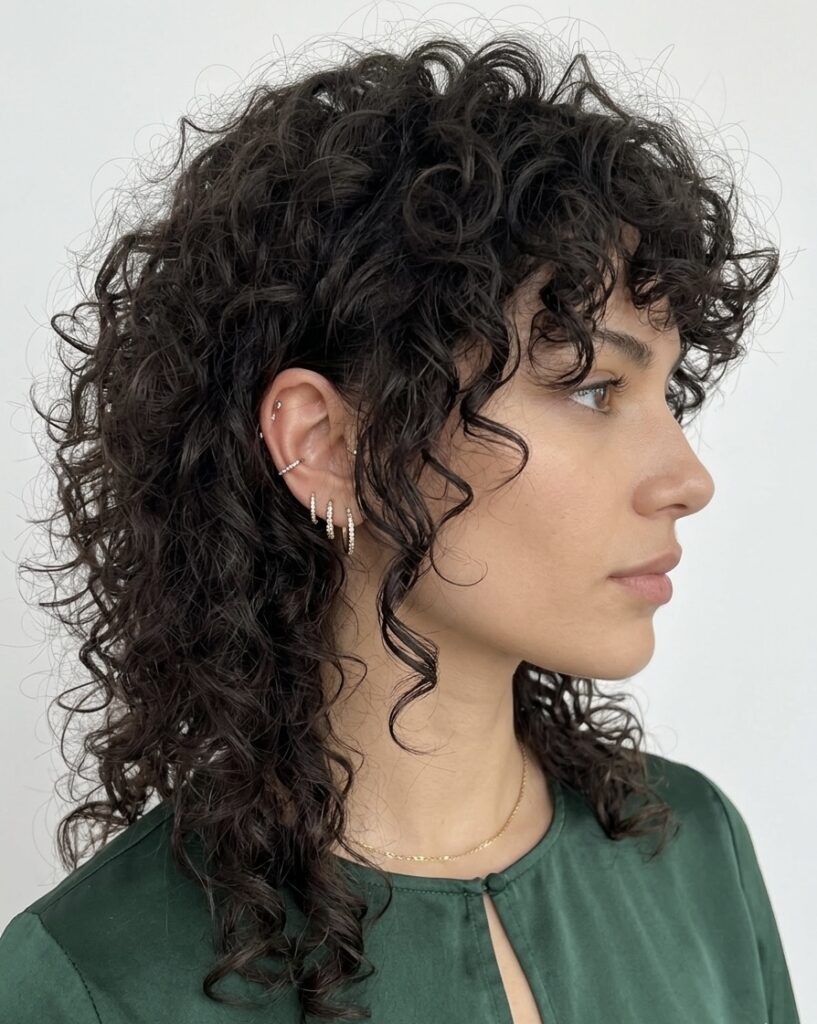 Woman sporting a shaggy curly haircut.