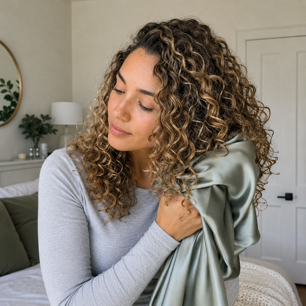 Curly girl scrunching her curls with a satin pillowcase.