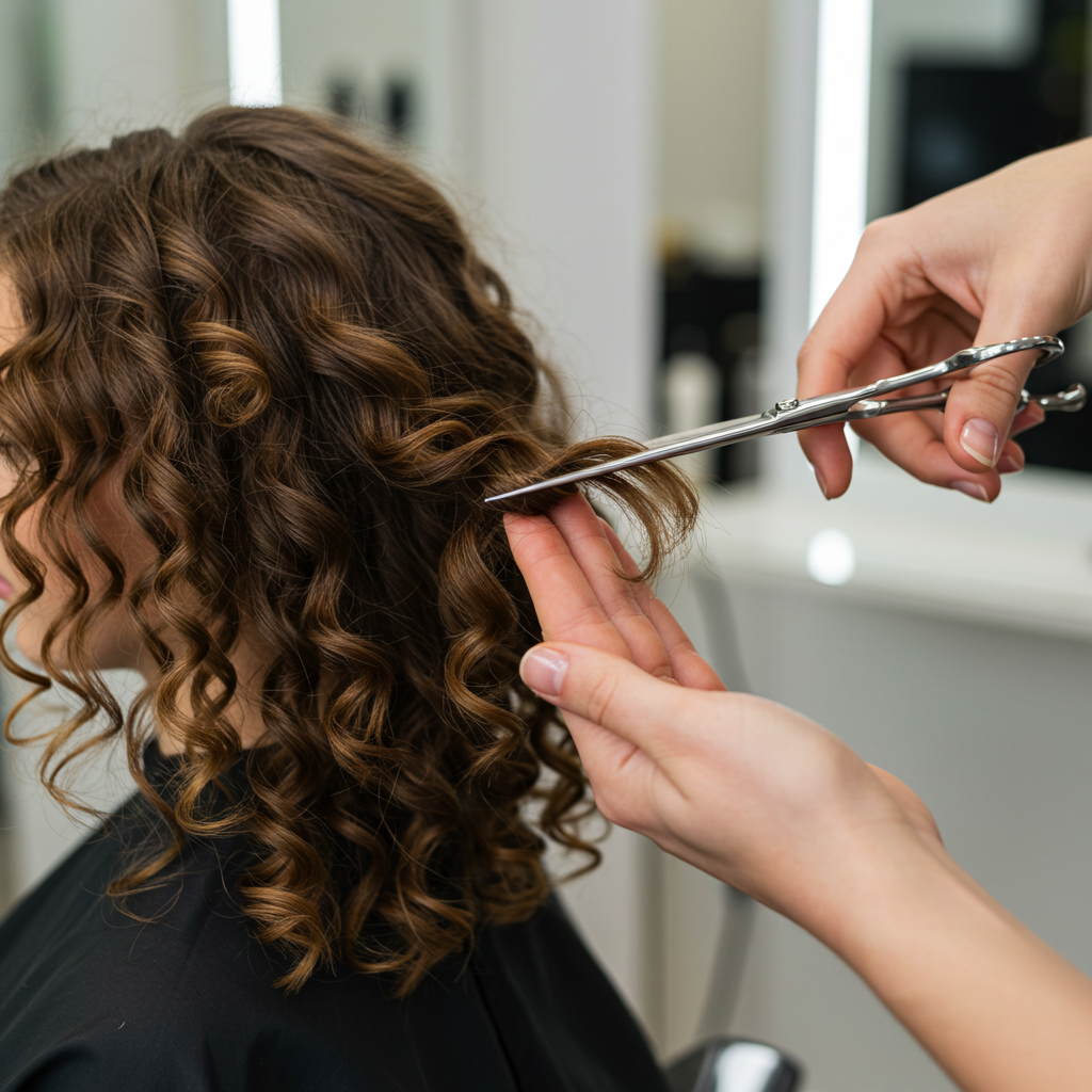 woman with curly hair getting a curly haicut.