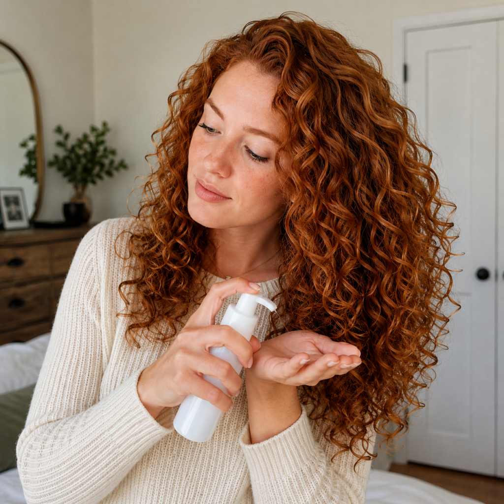 Woman with red curly hair getting ready to add product to her hair.