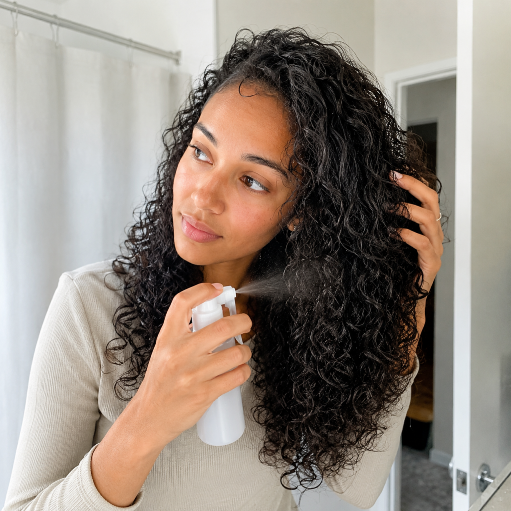 Woman refreshing her curly hair with a spray bottle.
