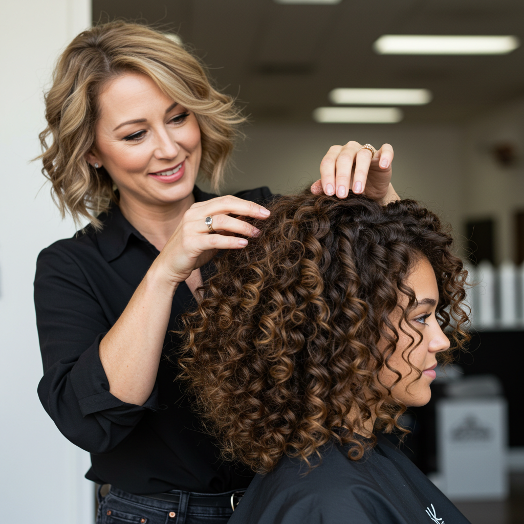woman with wavy hair examining young woman with curly hair in a salon setting.