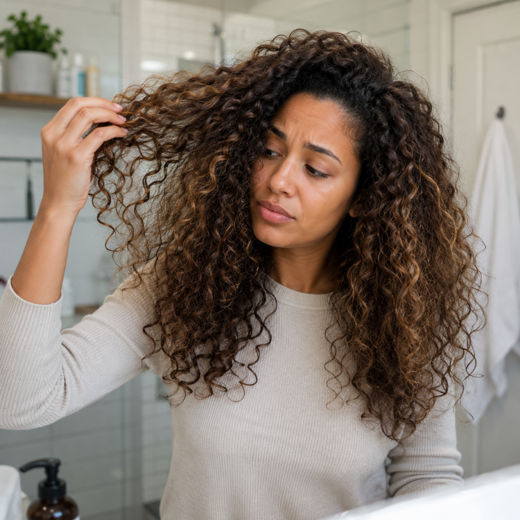 Woman with curly hair looking at a few strands of her hair.