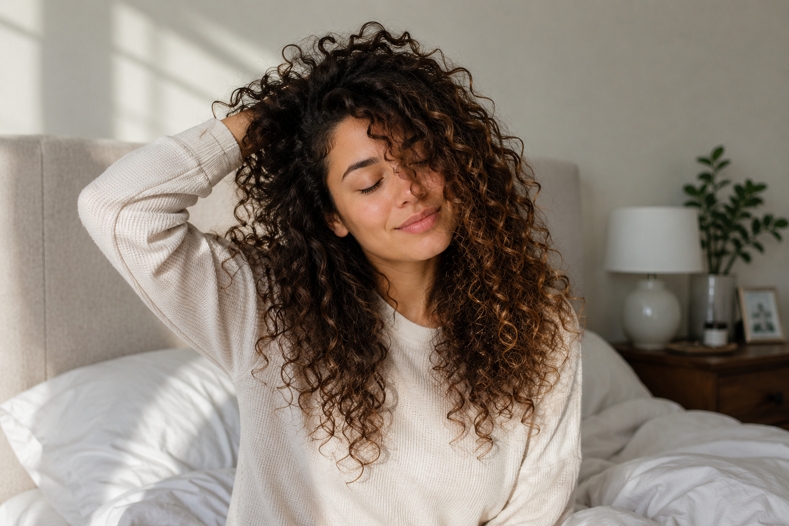 Woman with curly hair just waking up.