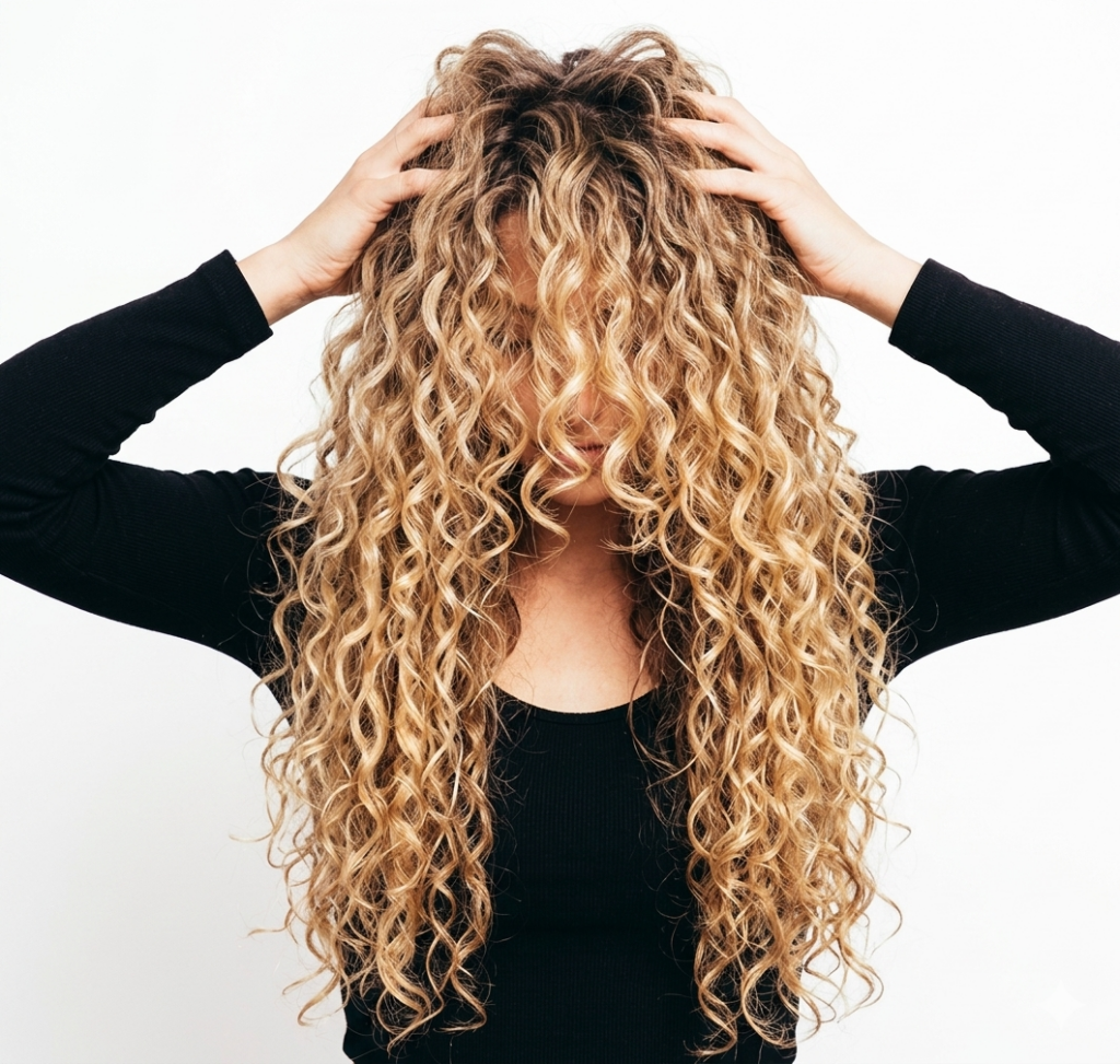 Image of blonde woman with long wavy 2c hair type.