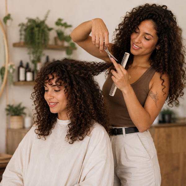 Curly hairstylist trimming a client’s layered curly hair in a modern salon with natural lighting and boho-inspired decor.