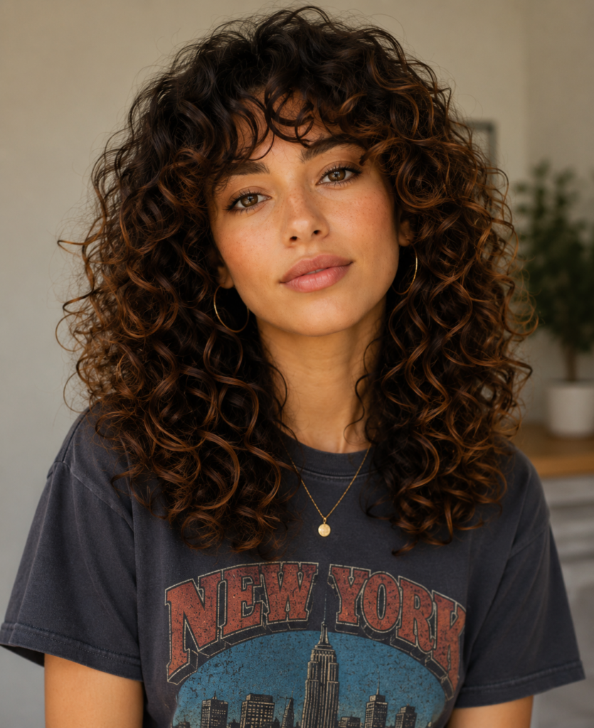 Curly butterfly cut with soft, airy face-framing layers creating movement and volume while keeping length on naturally curly hair.