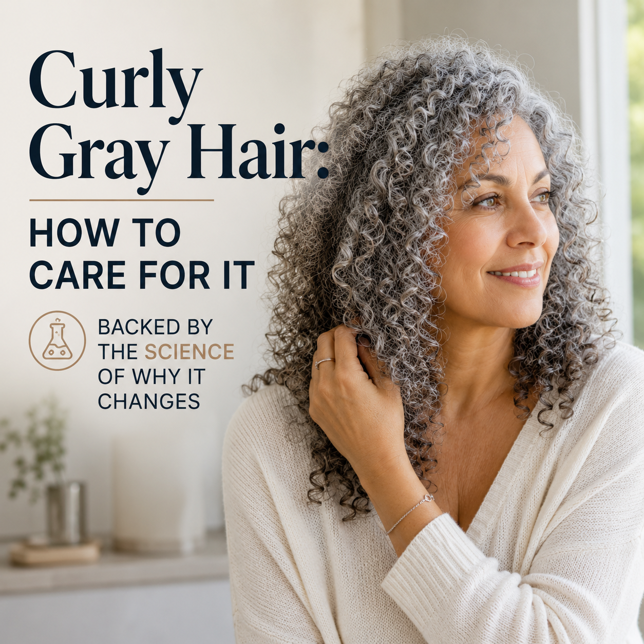 Mature woman with naturally curly gray hair smiling while touching her curls indoors, alongside the title “Curly Gray Hair: How to Care for It, Backed by the Science of Why It Changes.” The image represents science-based care for gray curly hair and explains the biological changes that occur as hair loses pigment.