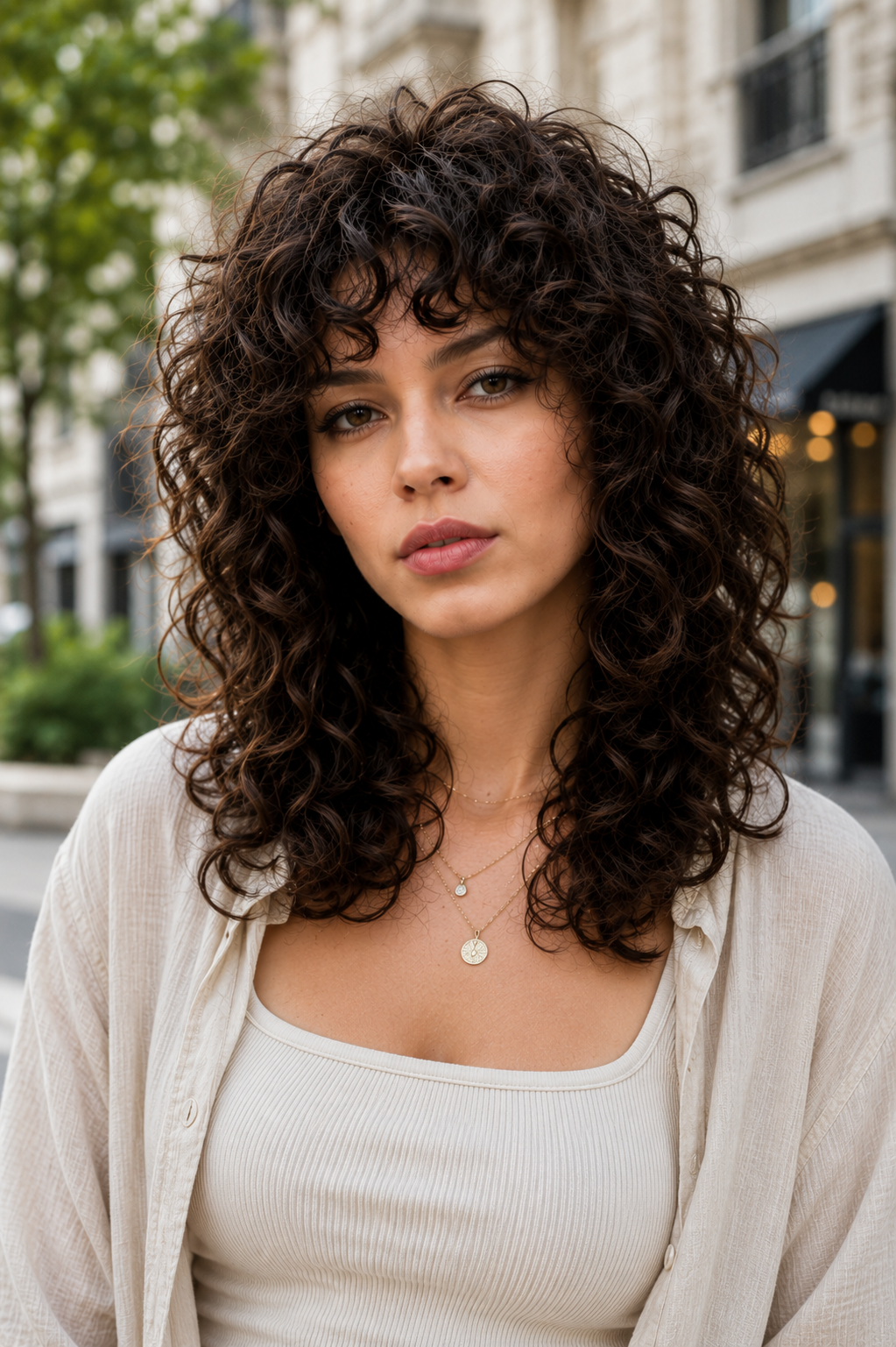 Woman with a curly wolf cut featuring layered curls, wispy bangs, and voluminous texture wearing a black leather jacket for a curly wolf haircut style guide.
