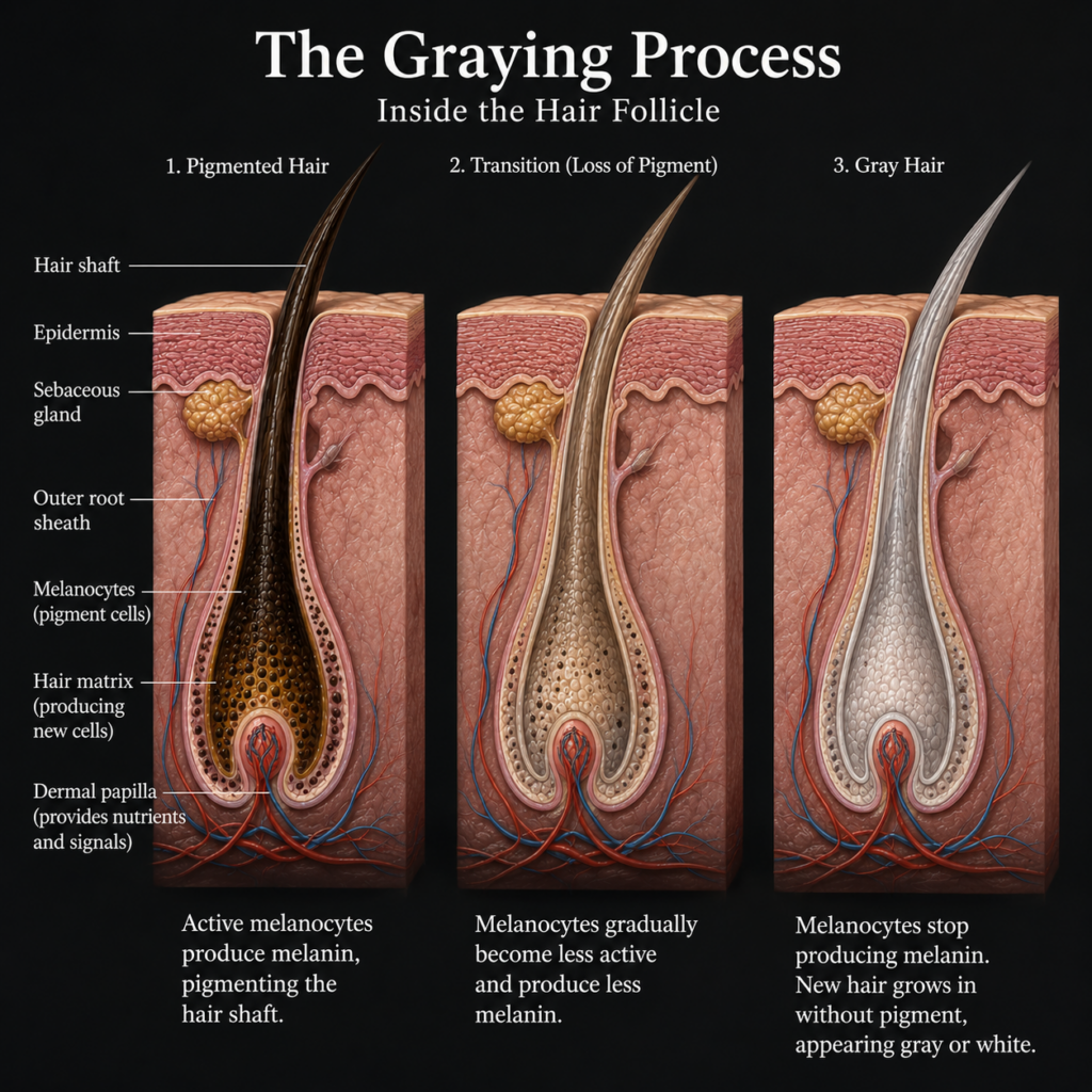 Diagram showing the graying process inside the hair follicle, from pigmented hair with active melanocytes producing melanin to reduced pigment during transition and gray or white hair when melanocytes stop producing melanin.